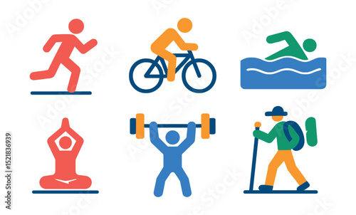Flat vector icons of fitness activities: running, cycling, swimming, yoga, weightlifting, boxing, hiking, stretching.