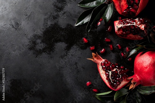 Pomegranate still life against dark backdrop