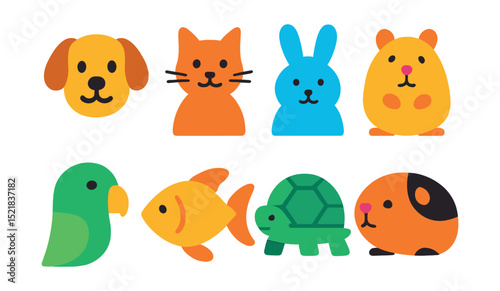Flat vector icons of common pets: dog, cat, rabbit, hamster, parrot, goldfish, turtle, guinea pig.