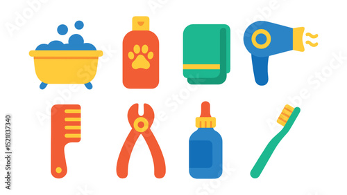 Flat vector icons of pet cleaning: bath tub, shampoo, towel, blow dryer, comb, nail clippers, ear cleaner, toothbrush.