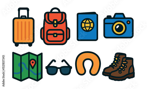 Flat vector icons of travel gear: suitcase, backpack, passport, camera, travel map, sunglasses, travel pillow, hiking boots.
