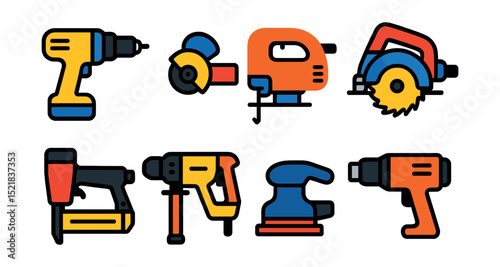 Flat vector icons of power tools: electric drill, angle grinder, jigsaw, circular saw, nail gun, rotary hammer, sander, heat gun.