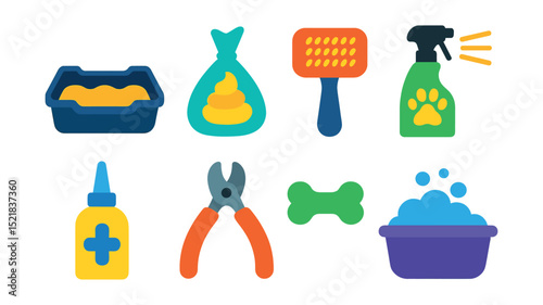 Flat vector icons of pet hygiene: litter box, poop bag, grooming brush, deodorizing spray, ear cleaner, nail clippers, dental chew, bathing tub.