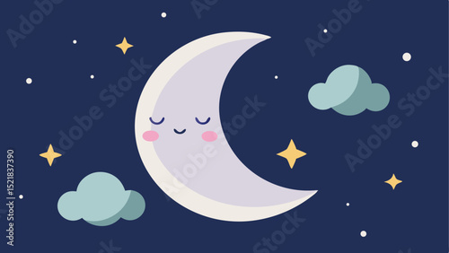 Cute cartoon moon with stars and clouds on a night sky illustration