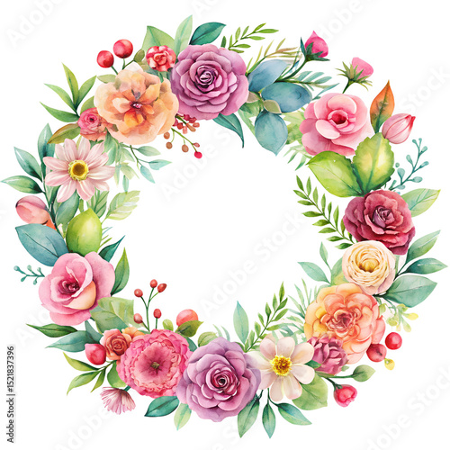 Floral Wreath Border Frame With Watercolor Flowers Isolated On Transparent Background