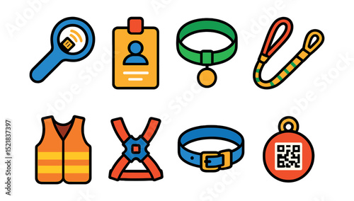 Flat vector icons of ID and safety gear: microchip scanner, ID tag, glow-in-the-dark collar, LED leash, safety vest, escape-proof harness, breakaway collar, QR code tag.