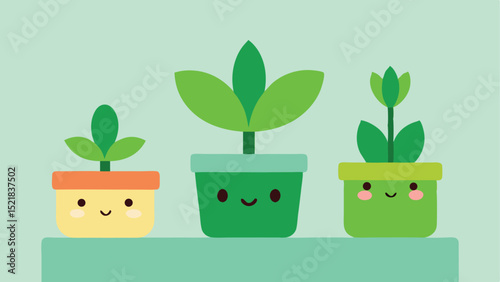 Cute cartoon plants in pots with smiling faces on a transparent background
