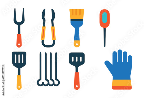 Flat vector icons of grilling and BBQ tools: grill fork, BBQ tongs, marinade brush, meat thermometer, grill spatula, skewer set, charcoal rake, heat-resistant gloves.