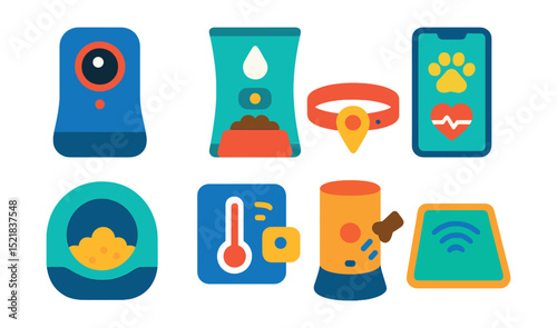 Flat vector icons of pet monitoring and tech: pet camera, smart feeder, GPS collar, health tracking app, automatic litter box, temperature monitor, treat launcher, motion sensor mat.