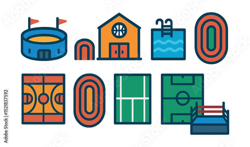 Flat vector icons of sports venues: stadium, gymnasium, swimming pool, running track, basketball court, tennis court, soccer field, boxing ring.