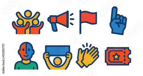 Flat vector icons of sports fans: cheering crowd, megaphone, flag, foam finger, face paint, banner, clapping hands, ticket stub.