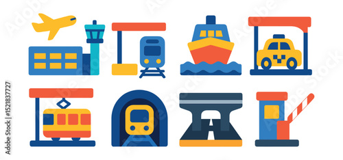 Flat vector icons of transport hubs and infrastructure: airport terminal, train platform, ferry dock, taxi stand shelter, tram station, metro tunnel, highway overpass, toll booth.