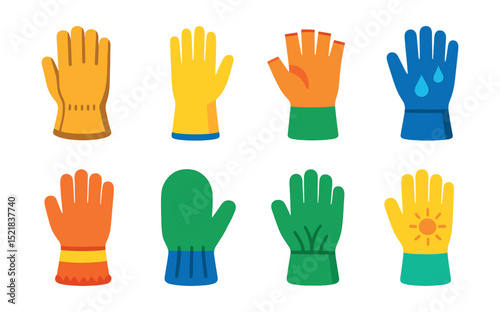 Flat vector icons of gardening gloves types: leather gloves, rubber gloves, cotton gloves, fingerless gloves, waterproof gloves, insulated gloves, gardening mittens, sun gloves.