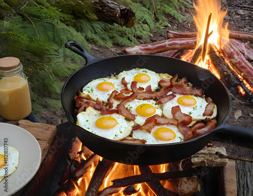 Camping breakfast with bacon and eggs. Fried eggs with bacon in a pan in the forest. Food at the camp. Scrambled eggs with bacon on fire. Picnic