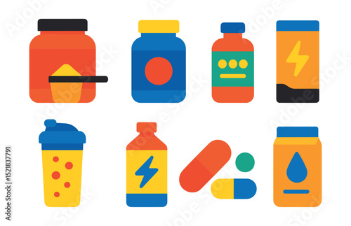 Flat vector icons of sports nutrition supplements: whey protein, creatine, BCAA, pre-workout, post-workout shake, energy gel, vitamins, hydration powder.
