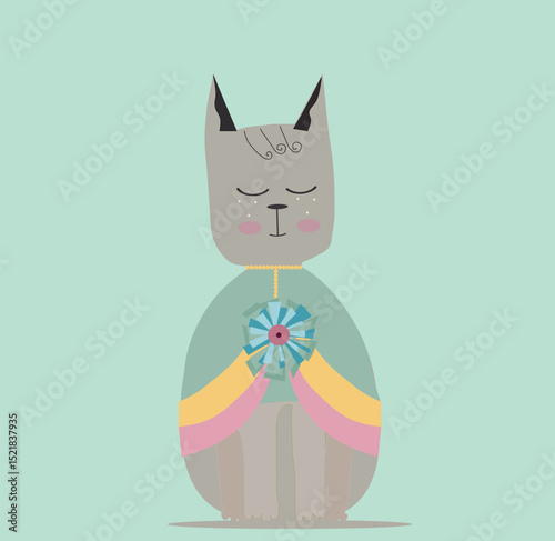 ,cute animal with big pin cartoon character, cute cat with large brooch and happy face vector illustration