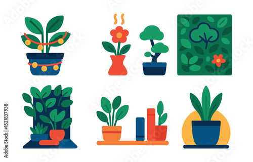 Flat vector icons of decorative plants for ambiance: plant with fairy lights, scented flower vase, zen desk plant, meditation corner greenery, living wall segment, reading nook pot, shelf with green