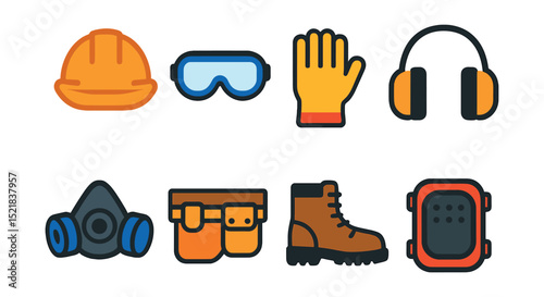 Flat vector icons of safety gear for tool use: hard hat, safety goggles, work gloves, ear protection, respirator mask, tool belt, steel toe boots, knee pads.