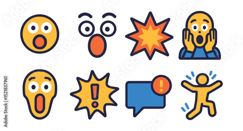 Flat vector icons of surprise and shock: wide-open mouth, raised eyebrows, exploding star icon, hands on cheeks, jaw drop, exclamation burst, sudden message alert, startled jump.