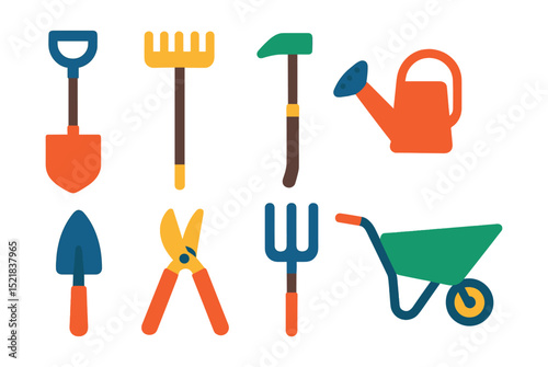 Flat vector icons of gardening tools: shovel, rake, hoe, hand trowel, watering can, pruning shears, garden fork, wheelbarrow.