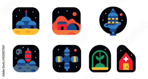 Flat vector icons of space habitats: lunar base, Mars colony, orbital station, space hotel, asteroid mining outpost, deep space habitat, greenhouse module, emergency shelter.