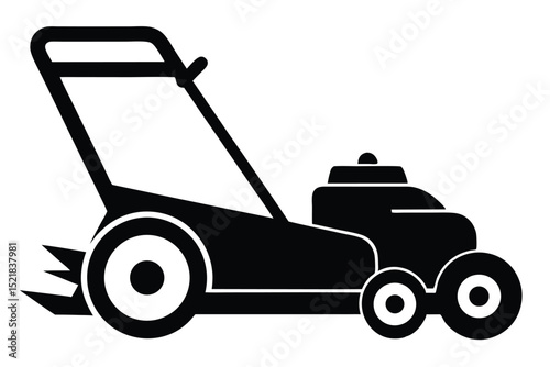 Black silhouette illustration of a lawn mower with handle and wheels, side view