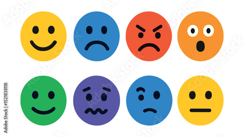 Flat vector icons of emotions: happy face, sad face, angry face, surprised face, calm face, anxious face, confused face, neutral face.