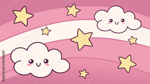 Cute clouds and stars adorning a pink rainbow background seamlessly