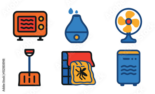 Flat vector icons of seasonal household items: electric heater, humidifier, snow shovel, fan, mosquito net, cozy blanket, dehumidifier, air purifier.