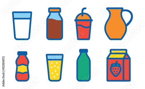 Flat vector icons of dairy-based drinks: milk glass, chocolate milk bottle, milkshake cup, buttermilk jug, yogurt drink, lassi glass, kefir bottle, flavored milk carton.