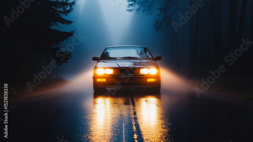 Car driving through dense fog on a wet road during early morning