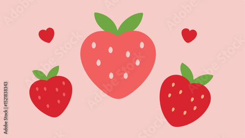 Cute heart shaped strawberries with two hearts on a pink background design