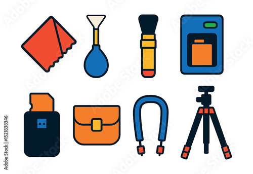 Flat vector icons of photography gear maintenance: cleaning cloth, sensor cleaner, lens brush, battery charger, memory card reader, camera bag, strap, tripod.