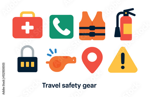 Flat vector icons of travel safety gear: first aid kit, emergency phone, life jacket, fire extinguisher, travel lock, safety whistle, map marker, alert sign.