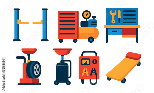 Flat vector icons of garage equipment: hydraulic lift, tool chest, air compressor, workbench, tire changer, oil drain, battery charger, creeper.