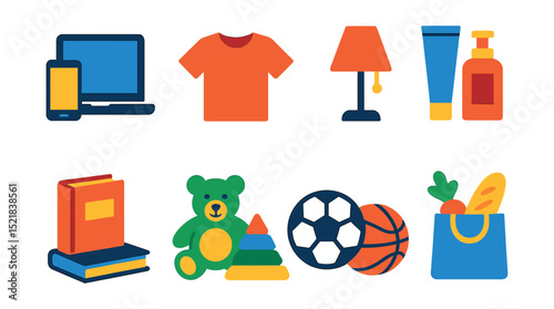 Flat vector icons of product categories: electronics, clothing, home goods, beauty products, books, toys, sports equipment, groceries.