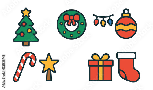 Flat vector icons of holiday decorations: Christmas tree, wreath, string lights, ornament ball, candy cane, star topper, gift box, fireplace stocking.