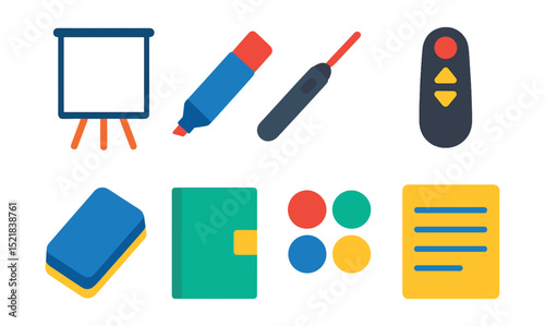 Flat vector icons of presentation stationery: flipchart pad, dry erase marker, laser pointer, slide clicker, whiteboard eraser, presentation folder, sticky dot marker, large notepad.