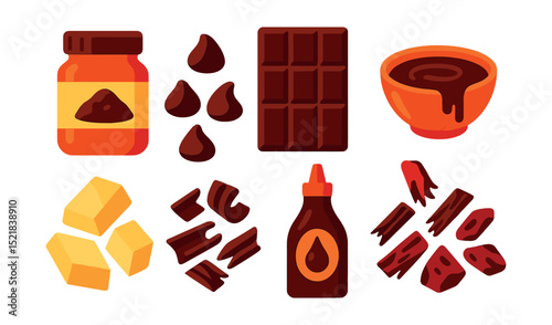 Flat vector icons of chocolate and cocoa ingredients: cocoa powder jar, chocolate chips, chocolate bar, melted chocolate bowl, white chocolate chunks, dark chocolate shavings, chocolate syrup bottle,