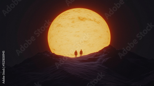 Synthwave path towards a massive sun with two silhouettes photo