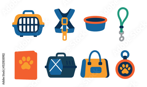 Flat vector icons of pet travel: pet carrier, car seatbelt harness, travel bowl, leash, pet passport, airplane crate, travel bag, GPS tracker.