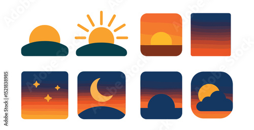 Flat vector icons of sunrise and sunset elements: low sun on horizon, sun rays over hill, golden sky, dusk gradient icon, twilight sky, moon rising, evening shadow, glow behind cloud.