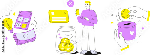 financial concepts including budgeting, saving, donating, and managing money. Depicts a person facing financial problems, calculators, cash, coins, and a donation box. Ideal for banking, personal fina