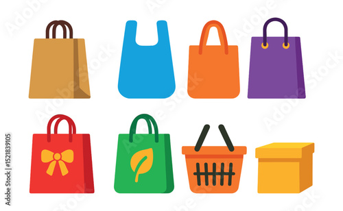 Flat vector icons of shopping bag styles: paper bag, plastic bag, reusable tote, luxury shopping bag, gift bag, eco-friendly bag, shopping basket, box packaging.