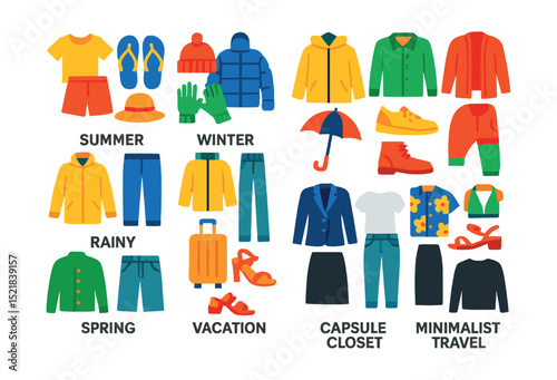 Flat vector icons of seasonal wardrobe sets: summer outfit bundle, winter gear set, rainy day essentials, spring casual wear, autumn layering pieces, vacation wardrobe icons, capsule closet set,