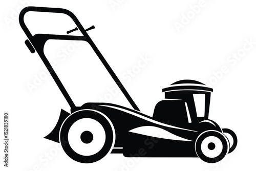 Black Silhouette of a Push Lawn Mower with Handle and Wheels Design
