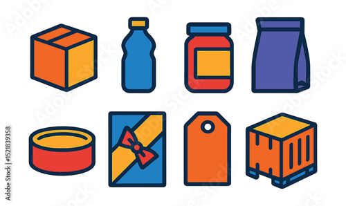 Flat vector icons of product packaging types: box, bottle, jar, pouch, tin, wrapping paper, label, shipping container.