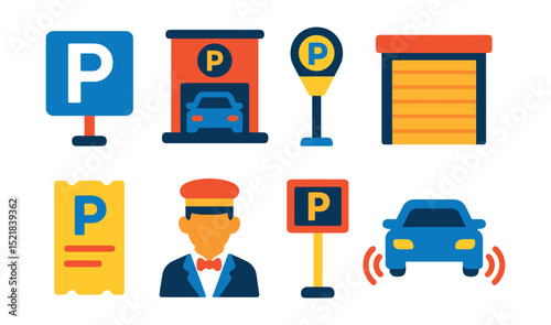 Flat vector icons of parking and vehicle storage: parking sign, underground parking, parking meter, garage door, parking ticket, valet icon, reserved parking spot, parking sensor.