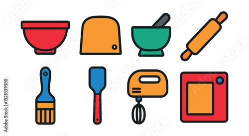 Flat vector icons of mixing and prep tools: mixing bowl, dough scraper, mortar and pestle, rolling pin, pastry brush, silicone spatula, hand mixer, food prep mat.