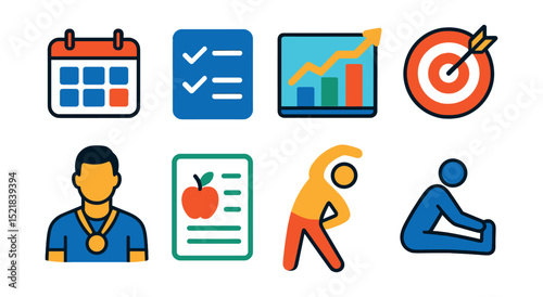 Flat vector icons of workout plans: calendar, checklist, progress chart, goal setting, personal trainer, nutrition plan, warm-up, cool-down.